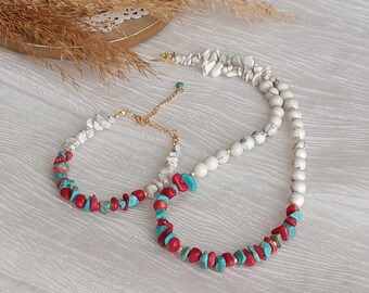 Howlite, Turquoise & Red Coral Necklace Bracelet Set: Handmade Boho Jewelry