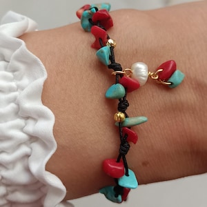 Turquoise & Red Coral Bracelet: Adjustable Boho Jewelry