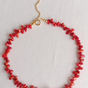 Red Coral & Baroque Pearl Necklace: 24K Gold Clasp, Boho Style