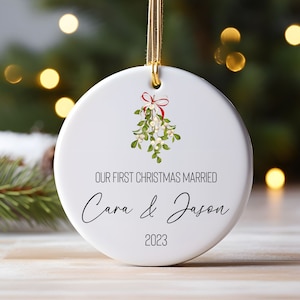 First Christmas Married Ornament, Personalized Marriage Ornament, Ceramic Ornament, Custom Mistletoe Keepsake Family Ornament