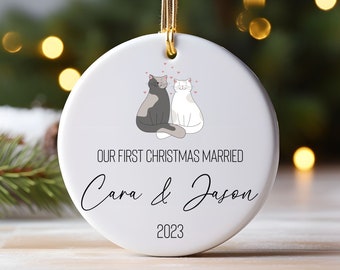 Custom Married Ornament, Personalized First Christmas Married Cat Ornament, Traditional Christmas Ceramic Ornament,Custom Keepsake Gift Wife