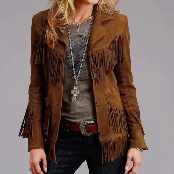 Western Suede Handmade Fringed Jacket for Women, Classic Short Cowhide Jacket for Her,  American Cowgirl Suede Coat , Gift for her