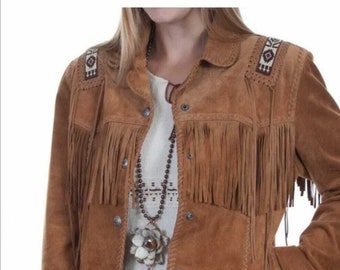 Women Western Style Suede Handmade Leather Jacket With Fringed & Beaded - Brown