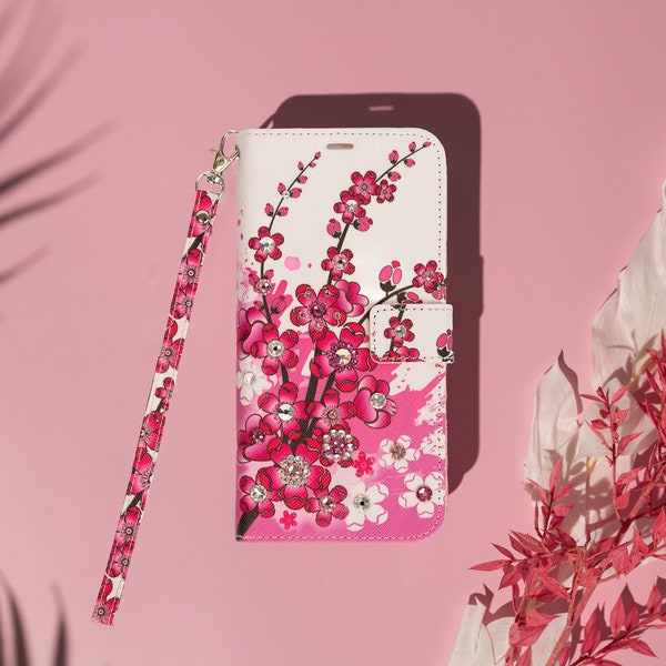 2-in-1 Case/Wallet, High-quality, Handcrafted Hawaiian-inspired iPhone Case with Swarovski crystal embellishment options - Cherry Blossom