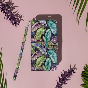 Estuche/cartera 2 en 1, estuche para iPhone de inspiración hawaiana, de alta calidad y hecho a mano, con opciones de adornos de cristales Swarovski - Dark Jungle