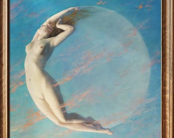 Gothic Painting Print | Moon Goddess Selene Luna | Dark Academia Decor | Antique Oil Painting | Moody Framed Wall Art | Albert Aublet | #014