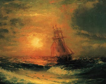 Sailing Ship Sunset Painting Framed Print | Maritime Coast Ocean Art | Dark Academia Decor | Vintage Oil Painting | Ivan Aivazovsky | #101