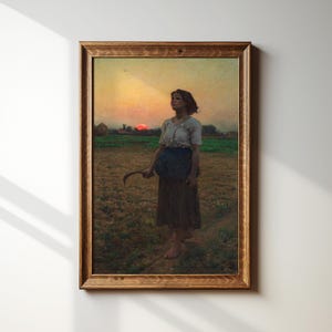 Vintage gerahmte feiner Kunst Bauernhof Mädchen Malerei Druck | Lied der Lerche | Dark Academia Dekor | Antikes Ölgemälde | Jules Breton | #088