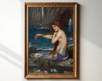 Vintage Gothic Painting Framed Print | Mermaid | Art Nouveau | Dark Academia Decor | Antique Oil Painting | John William Waterhouse | #002