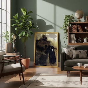 May include: A living room scene with a framed artwork, a sofa, and a rug. The artwork features a dark, moody painting in a gold frame. A large potted plant and a globe sit near a window. The room has a warm, inviting atmosphere.