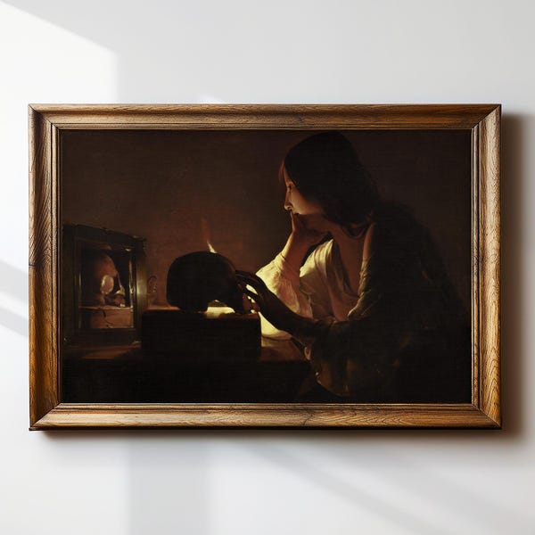 Repentant Mary Magdalene Framed Print: Woman with Skull, Dark Academia Antique Oil Painting #157