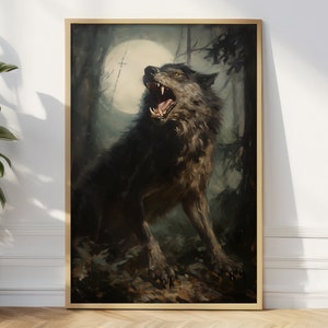 Werewolf Full Moon - Fine Art Print, Dark Academia Painting Aesthetic, Occult Gothic Wall Decor, Moody Maximalist Goth Wolf Gift