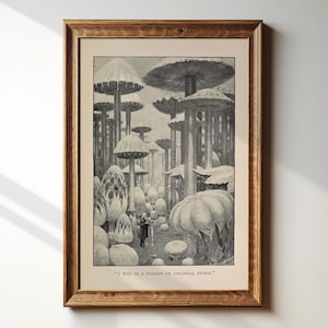 May include: A framed black and white print depicting a surreal forest of colossal fungi. The artwork features towering mushroom-like structures with umbrella-shaped caps and bulbous bases. The text at the bottom reads, "I WAS IN A FOREST OF COLOSSAL FUNGI."