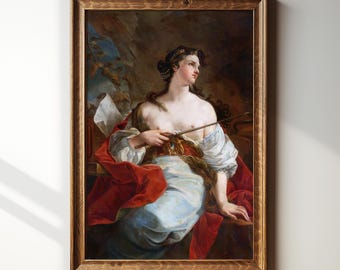 May include: A framed classical painting featuring a woman in a white and red draped gown, holding a wooden rod. The artwork has a warm color palette and is set in a wooden frame, suitable for wall decor.