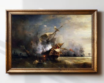 Shipwreck Naval Battle Ocean Art | Dark Gothic Painting Framed Print | Dark Academia Decor | Antique Oil Painting | Jean Gudin | #133