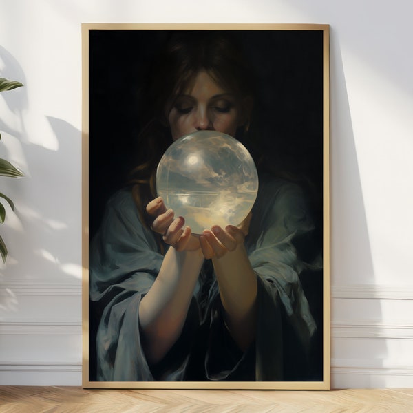 Crystal Ball Witch - Fine Art Print, Dark Academia Painting Aesthetic, Occult Gothic Wall Decor, Moody Vintage Maximalist Gift