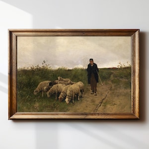 Vintage gerahmt Fine Art Gemälde Druck | Sheperd Schaf Kunst | Dark Academia Französisches Landhaus Dekor | Antikes Ölgemälde | Anton Mauve | #083