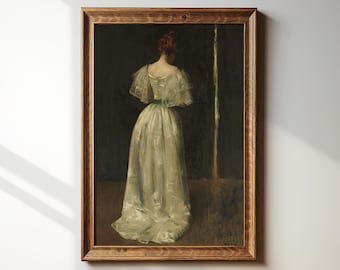 Vintage Fine Art Painting Framed Print | Victorian Woman White Dress | Moody Portrait | Dark Academia Decor | Antique Oil Painting | #027