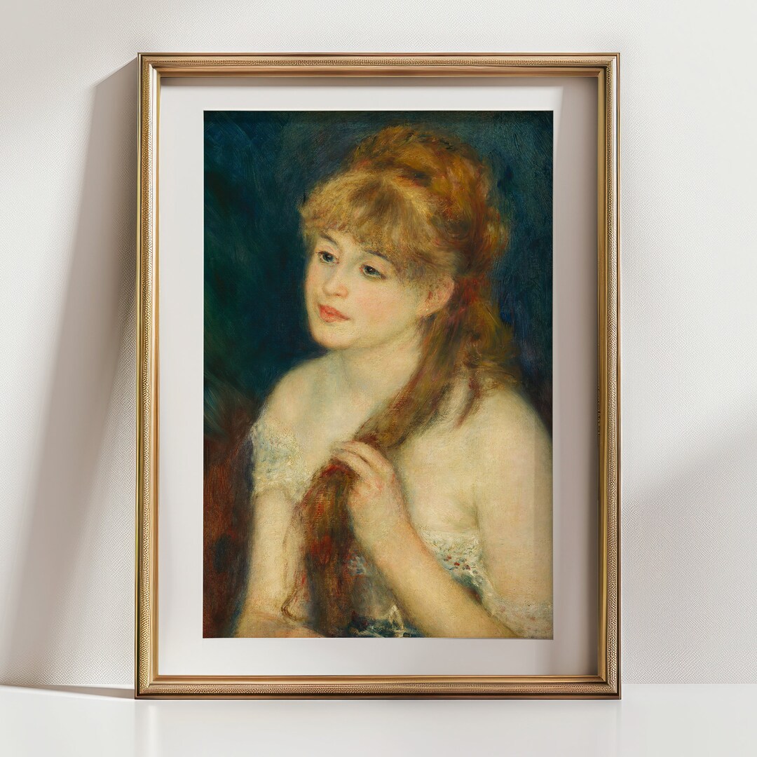 victorian-painting-print-vintage-portrait-young-woman-braiding-her-hair