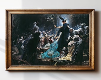 May include: A framed print of a dark, dramatic painting depicting a gathering of figures in a forest setting. The artwork features a central figure in a dark cloak, illuminated by a bright light, surrounded by other figures in various poses and attire. The frame is made of wood.