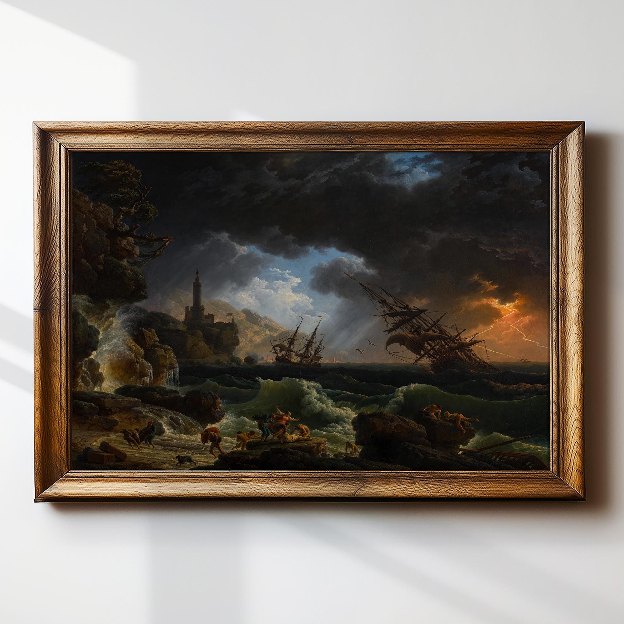 Dark Gothic Painting Framed Print | Shipwreck Thunderstorm Ocean Art | Dark Academia Decor | Antique Oil Painting | Claude Vernet | #063