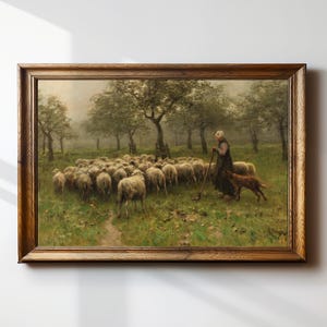 May include: A painting of a shepherd with a dog leading a flock of sheep through a field of trees. The shepherd is wearing a long brown coat and a hat. The dog is brown and white. The sheep are white and fluffy.