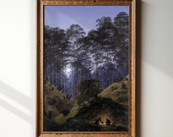 Forest Moonlight Landscape – Vintage Fine Art Painting Print – Dark Academia Decor – Antique Oil Painting – Caspar David Friedrich – #191