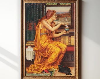 May include: A framed print of a classical painting. A woman in a flowing yellow gown sits by a window, pouring liquid into a chalice. A black cat rests on the floor. The artwork is in a wooden frame.