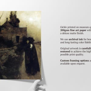 May include: A framed print of a dark, moody landscape painting. The artwork depicts a house and two figures on a road. The print is on 200gsm fine art paper with a deluxe matte finish. The text on the right side of the image describes the print quality.