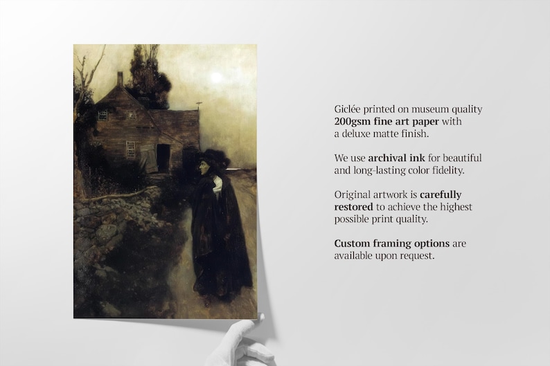 May include: A framed print of a dark, moody landscape painting. The artwork depicts a house and two figures on a road. The print is on 200gsm fine art paper with a deluxe matte finish. The text on the right side of the image describes the print quality.