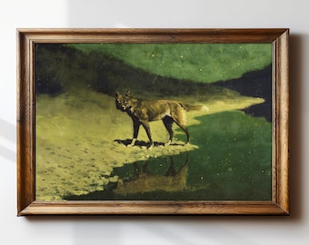 Occult Gothic Painting Print | Moonlight Wolf | Glowing Eyes Werewolf | Dark Academia Decor | Antique Oil Painting | Frederic Remington #080