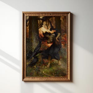 Occult Gothic Painting Framed Print | Creepy Old Hag Witch with Raven | Dark Academia Decor | Antique Oil Painting | Edgar Bundy | #100