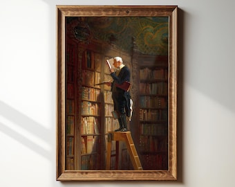 Vintage Funny Painting Print | The Bookworm | Book Lover Gift | French Country Library Decor | Antique Oil Painting | Carl Spitzweg | #105