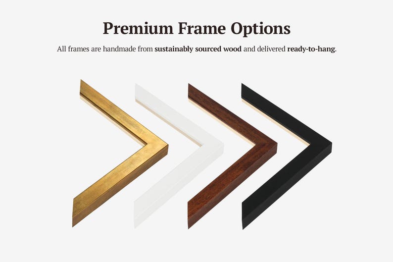 May include: Image showing four frame corner samples in gold, white, dark brown, and black. The text "Premium Frame Options" is at the top, with the text "All frames are handmade from sustainably sourced wood and delivered ready-to-hang."