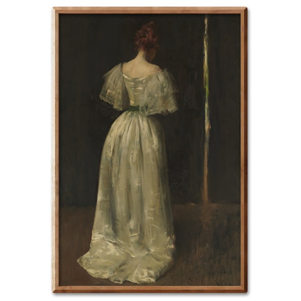 Vintage Fine Art Painting Print | Victorian Woman White Dress | Moody Portrait | Dark Academia Decor | Antique Oil Painting
