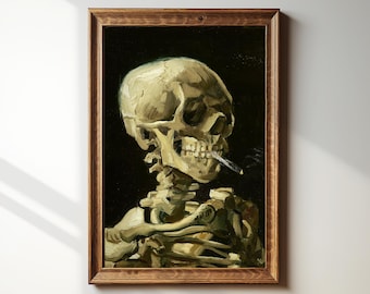 Gothic Painting Framed Print | Skeleton Skull with Burning Cigarette | Dark Academia Decor | Antique Oil Painting | Vincent Van Gogh | #006