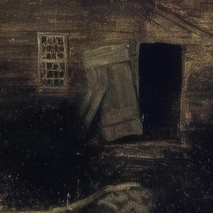 May include: A dark, moody painting of a weathered wooden building. The structure features a partially open door, a small window, and a stone wall in the foreground. The artwork uses a muted color palette.