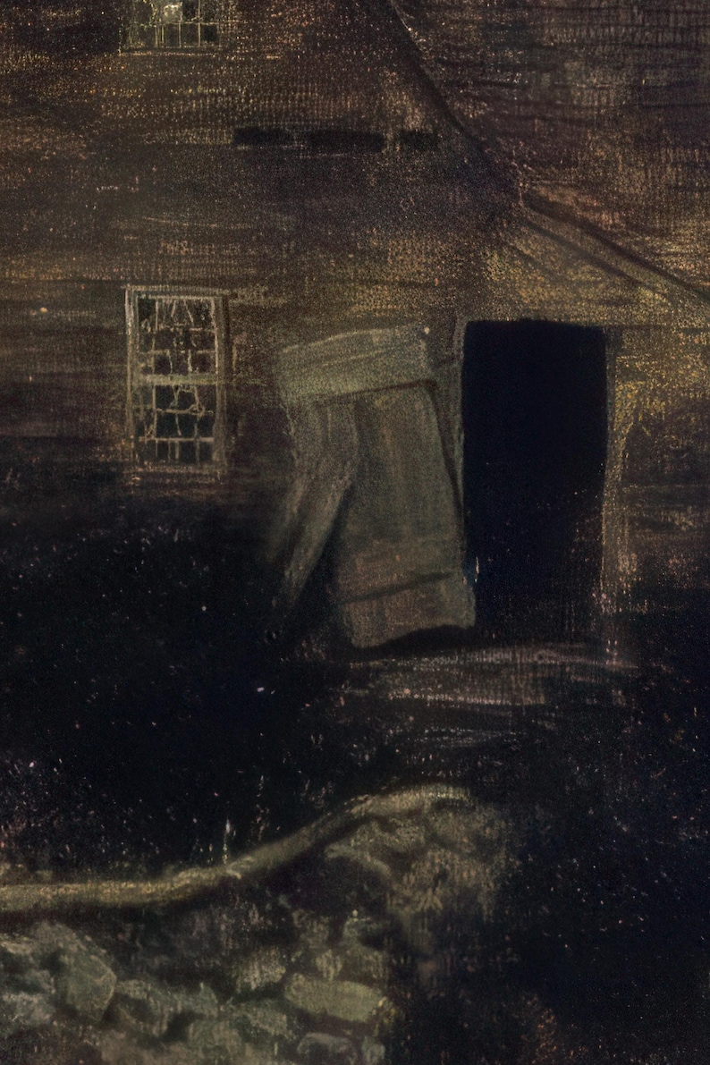 May include: A dark, moody painting of a weathered wooden building. The structure features a partially open door, a small window, and a stone wall in the foreground. The artwork uses a muted color palette.