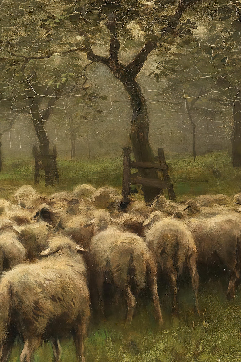 Vintage Framed Fine Art Painting Print | Sheperd Sheep Art | Dark ...