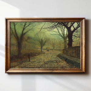 May include: A framed landscape painting depicts a cobblestone road winding through a forest. A person walks along the road, and a horse-drawn carriage is visible in the distance. The artwork is in a wooden frame.