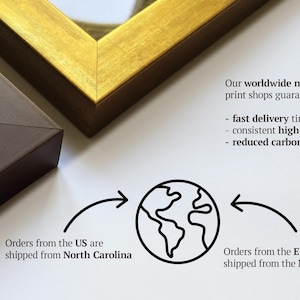 May include: Close-up of two wooden picture frames, one brown and one gold, with a white background. Text states "Our worldwide network of print shops guarantees: fast delivery times, consistent high quality, reduced carbon emissions."