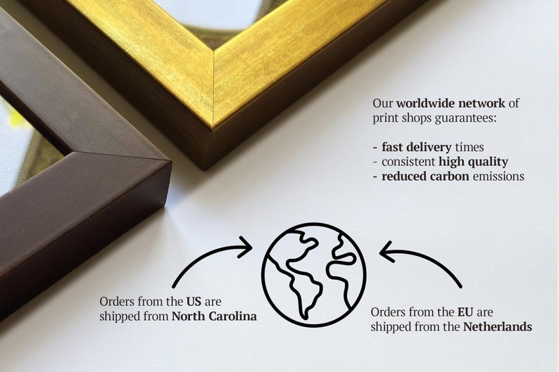 May include: Close-up of two wooden picture frames, one brown and one gold, with a white background. Text states "Our worldwide network of print shops guarantees: fast delivery times, consistent high quality, reduced carbon emissions."
