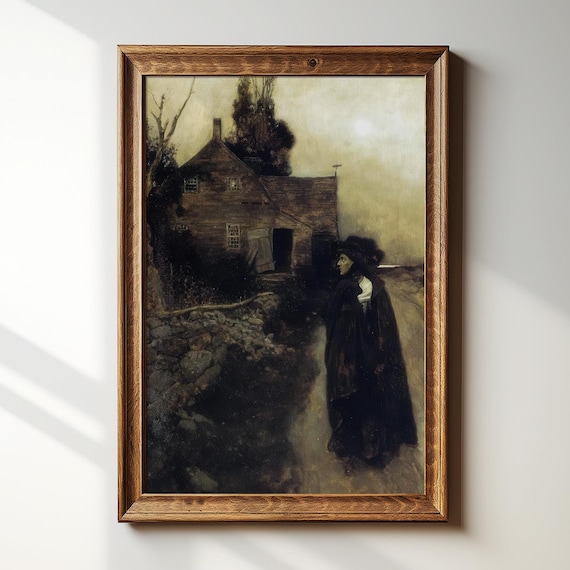 Haunted House Witch Painting – Creepy Gothic Painting Framed Print – Dark Academia Wall Decor – Antique Oil Painting – Howard Pyle – #186