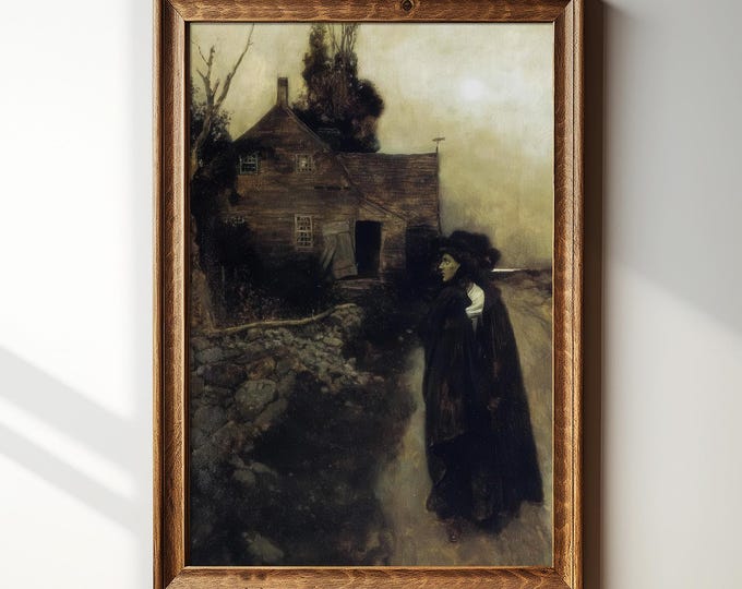 Haunted House Witch Painting – Creepy Gothic Painting Framed Print – Dark Academia Wall Decor – Antique Oil Painting – Howard Pyle – #186