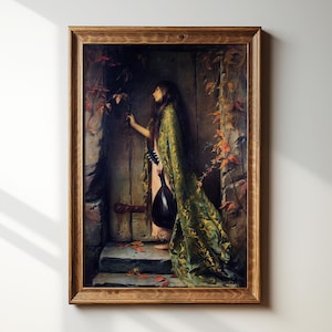 May include: A framed print of a painting depicting a woman in a flowing green and gold patterned cloak, holding a lute. The artwork is set in a stone doorway with autumn leaves, creating a classical and romantic aesthetic.