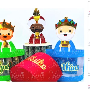 Puede incluir: Tres cajas coloridas con imágenes de los Tres Reyes Magos en la parte superior. Las cajas están etiquetadas como "Gaspar", "Melchior" y "Balthazar".