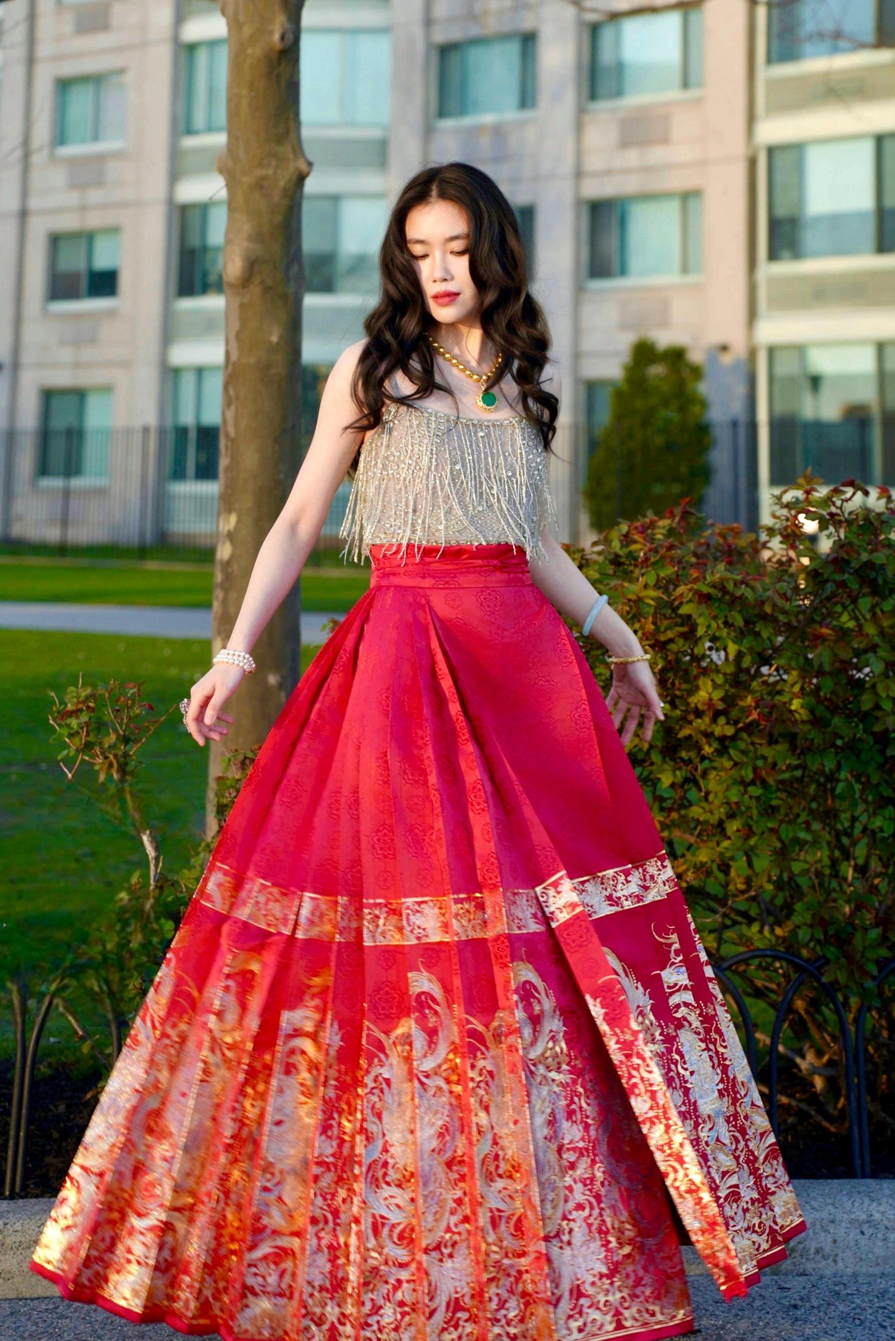 Red Phoenix Hanfu Skirt - Traditional Chinese Couture Maxi Pleated Skirt with Golden Brocade for Bridal & Formal Occasions Asian gown