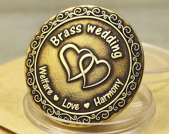 21st Wedding Anniversary Gift - Brass Coin with Engraved Hearts - Custom Personalization Option