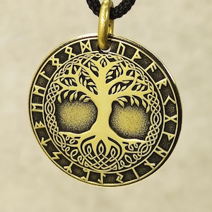 Custom Engraved Yggdrasil Tree of Life Brass Pendant. Norse Magic Talisman. Viking Amulet