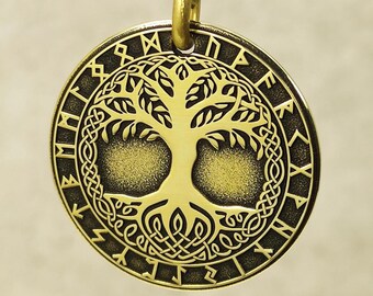 Custom Engraved Yggdrasil Tree of Life Brass Pendant. Norse Magic Talisman. Viking Amulet